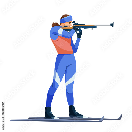 Female athlete in biathlon suit aiming rifle, stylized graphic style, isolated on white background. Concept of winter ski shooting sport. Vector illustration