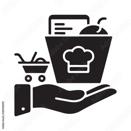 Hand holding bucket with chef hat and shopping cart icon