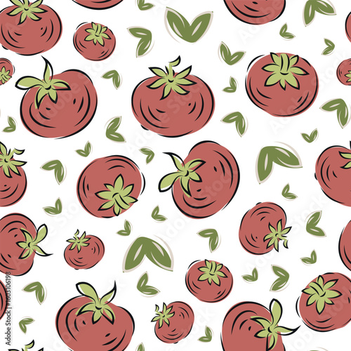 Vector playful red hand-drawn tomato seamless pattern background. Retro painterly tomatoes on white backdrop. Vintage kitchen look. Retro vintage charm for country cafe, restaurant, farmers market