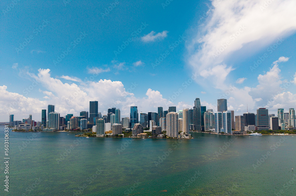 Fototapeta premium Scenic panorama of Miami financial district. Brickell in Miami city. Miami Urban landscape with iconic buildings. Miami cityscape.