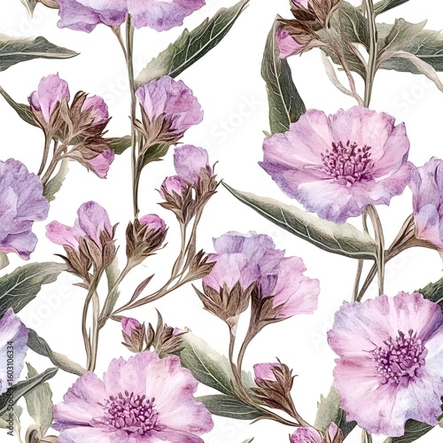 Delicate, artistic floral pattern featuring detailed blossoms and foliage.