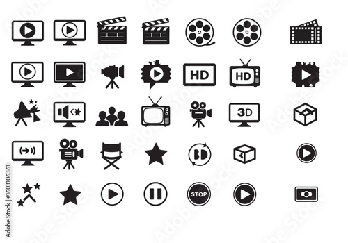 A Collection of Cinema and Video Production Icons Representing Various Aspects of Filmmaking and Entertainment with a Focus on Visual Storytelling and Media Creation