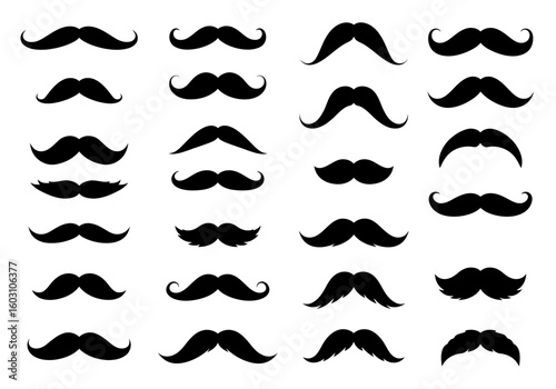 A diverse collection of classic and modern mustache styles presented in a clean black and white vector illustration for design projects