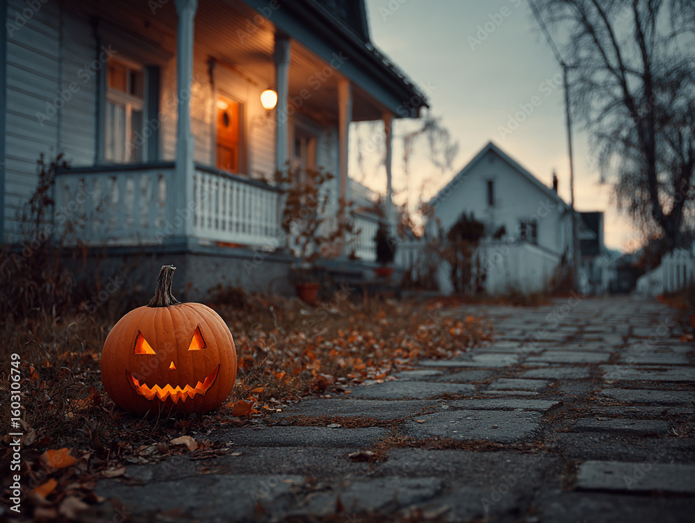 Obraz premium Glowing carved Halloween pumpkin sitting beside a house
