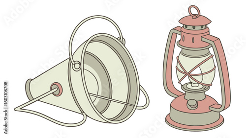 Illustration showing a tipped bucket and a vintage kerosene lantern with a handle and glass enclosure