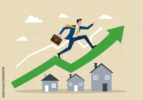 Businessman running up a green upward trending graph symbolizing real estate market growth and success