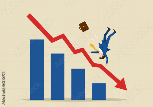 Business Decline and Economic Downturn Illustrated by Falling Businessman on Downward Trending Graph