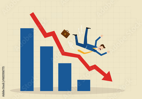 Business man falling down graph with arrow indicating decrease in sales and profits in a negative economic trend