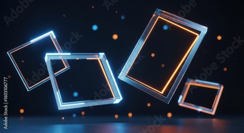 Glowing geometric shapes floating in dark space with abstract particles