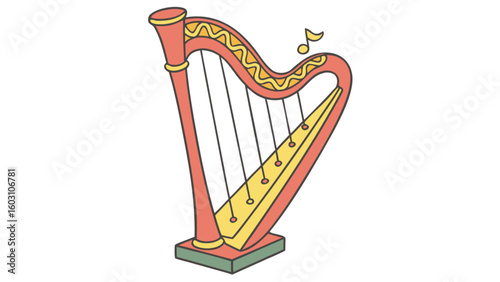 Illustration of a red and yellow harp with a musical note floating above it on a white background