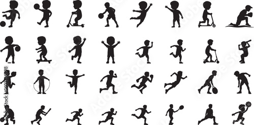 Children playing sports and activities silhouettes