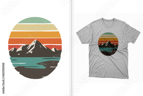 t-shirt design and artwork of a retro sunset and mountain graphic in vector format