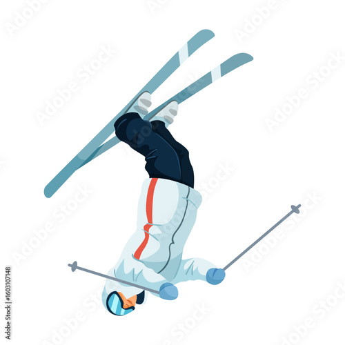 Athlete performing an aerial ski trick mid-flip, dynamic flat graphic style, isolated on white background. Concept of winter sports action. Vector illustration