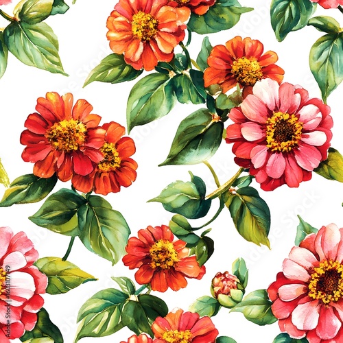 Watercolor zinnia flower pattern on a white background.