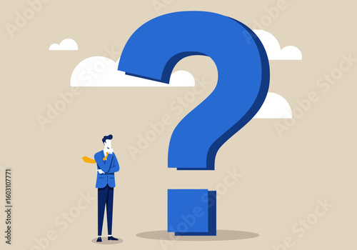 A thoughtful businessman contemplates a giant blue question mark symbolizing uncertainty and the need for answers