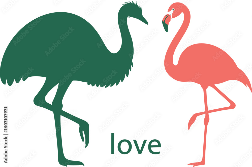 Fototapeta premium Flamingo and emu love illustration vector graphic design for print media