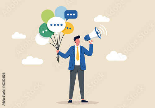 Man holding a megaphone and balloons with speech bubbles symbolizing communication and announcement