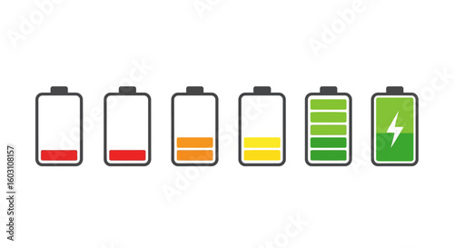 Visual representation of battery charge levels from empty to full illustrating power status and energy consumption