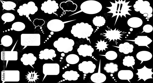 A Vast Collection of Diverse Speech Bubbles and Comic Book Style Exclamations Rendered in White on a Solid Black Background for Graphic Design and Creative Projects