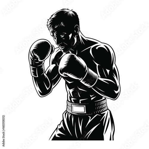 Boxer silhouette in fighting stance with fists raised, vector isolated black and white