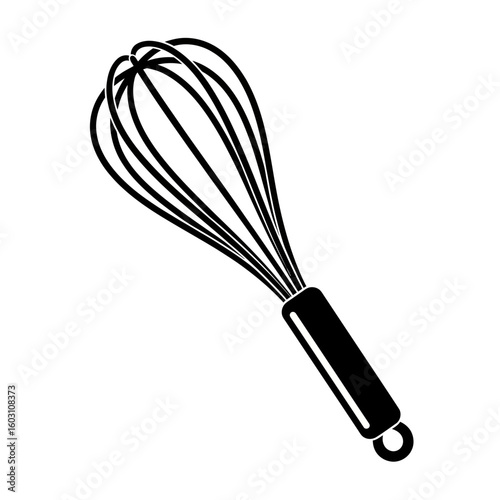 A simple black and white illustration of a kitchen whisk with a black handle ready for baking or cooking