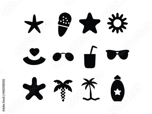 Collection of black summer vacation icons including starfish sunglasses ice cream palm trees and sun