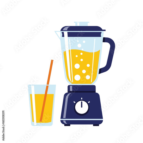 A vibrant illustration of a modern blue blender filled with a frothy yellow beverage next to a glass of juice