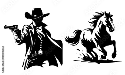 cowboy holding gun and running horse black silhouette vector print engraving