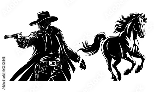 cowboy holding gun and running horse black silhouette vector print engraving