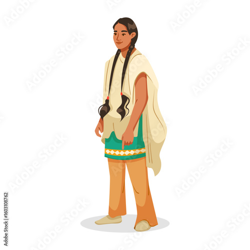 Young Native American girl standing in traditional attire, cartoon style, on a white background. Concept of culture and heritage. Vector illustration
