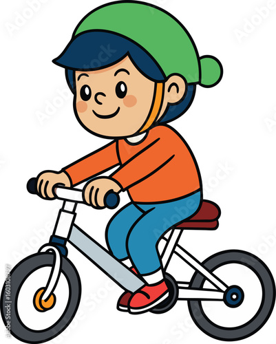 Smiling child rides bicycle down sunny neighborhood street