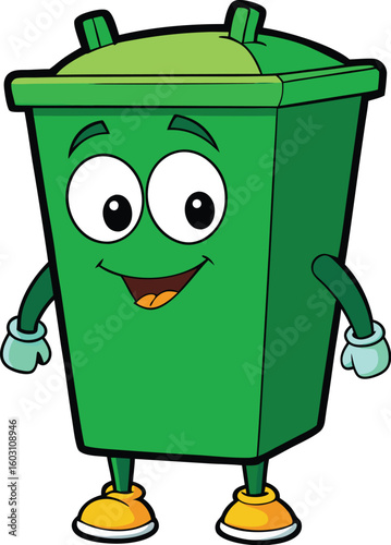 Happy trash can waits patiently on city street corner