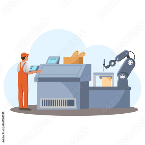 Worker using control panel of automated robotic machine in factory setting, flat graphic style, on white with blue abstract background. Concept of industrial automation. Vector illustration
