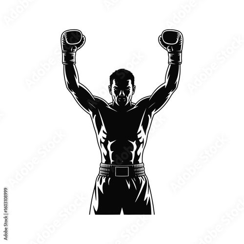 Silhouette of boxer standing victorious with arms lifted in celebration, vector isolated black and white