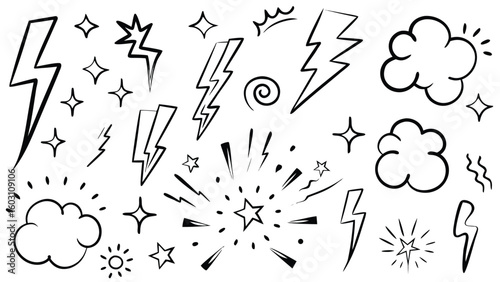 Lightning Bolt & Weather Doodle Icons – Storm, Clouds, Sparks, and Energy Set
