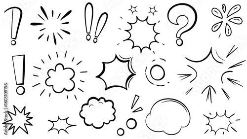 Comic Style Speech Bubbles & Exclamation Doodles – Hand-Drawn Cartoon Pop Art Set