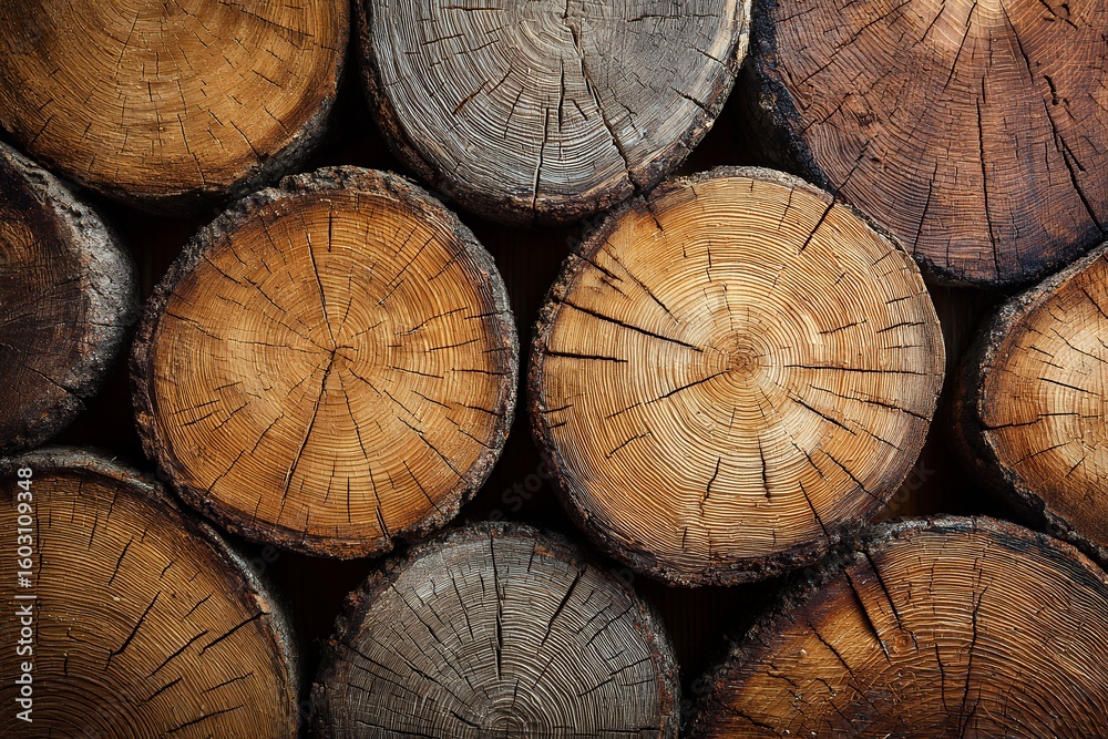 Naklejka premium Close-up of stacked wooden logs showing unique circular patterns and textures