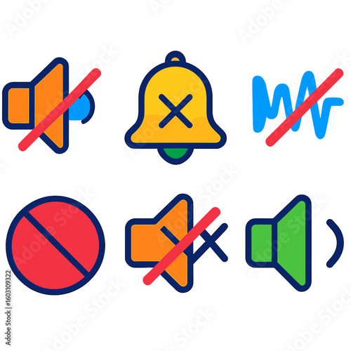 Sound Status Icons. Flat vector icons of sound on/off status: speaker with slash, muted bell, sound disabled icon. no audio signal