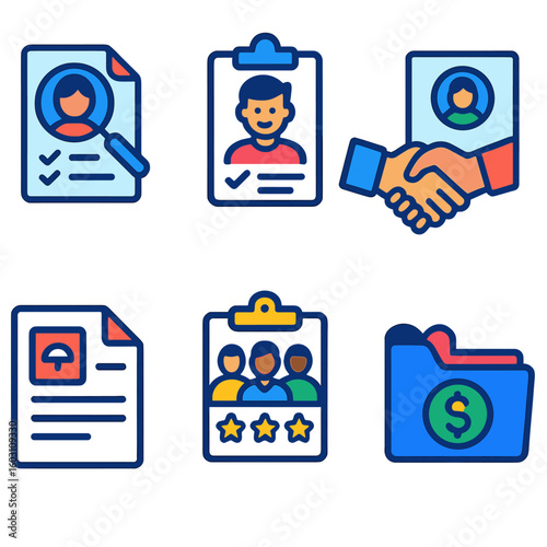 Flat HR Management Icons. Flat vector icons of HR and team management: hiring process, onboarding checklist, job offer handshake,