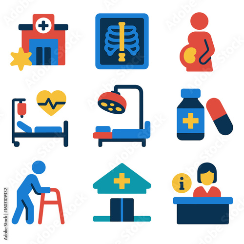 Hospital Department Icons. Flat vector icons of hospital departments: emergency room, radiology wing, maternity ward, ICU bed,