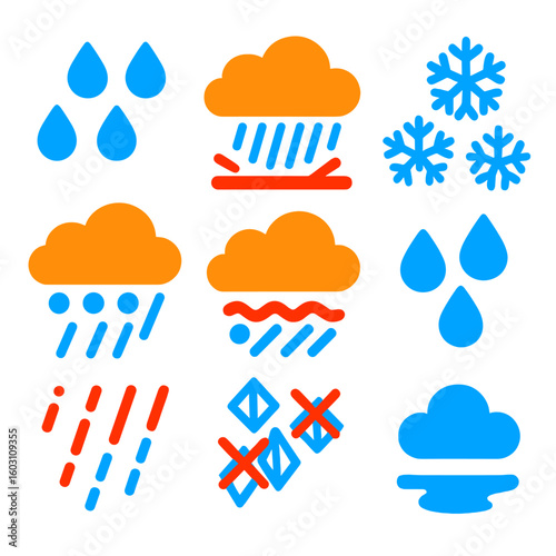 Weather Precipitation Icons. Flat vector icons of precipitation types: light rain drops, heavy rain splash, snow flurry, sleet