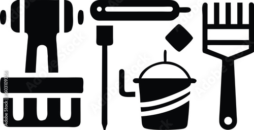 Silhouette Tiling Tools Icons – Solid Vector Set for Construction & Renovation