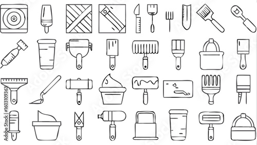 Wall Painting & Tiling Tools Icons – Hand-Drawn Construction Vector Set