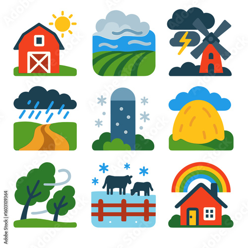 Rural Weather Icons. Flat vector icons of rural weather: barn under sun, field with fog, windmill in storm, dirt road in rain,