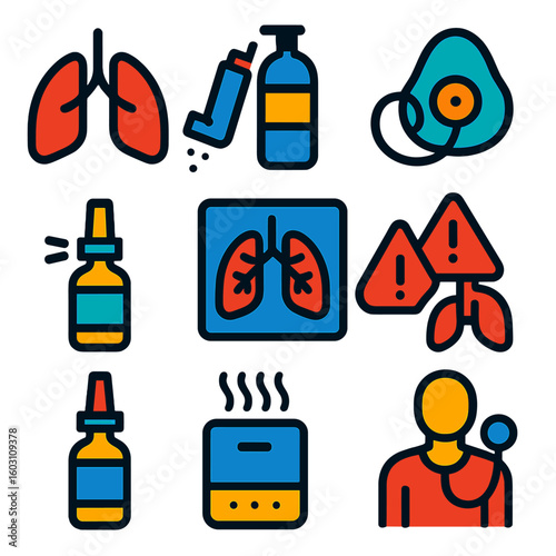 Respiratory Health Icons. Flat vector icons of respiratory health: lung icon, inhaler, oxygen tank, breathing mask, asthma alert,