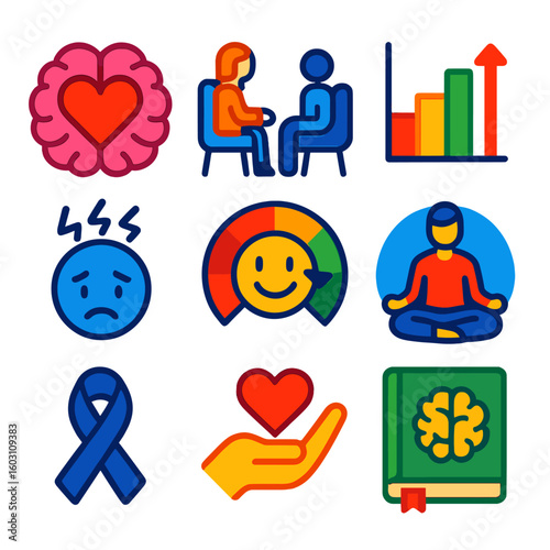 Mental Health Icons. Flat vector icons of mental health: brain with heart, therapy session, stress level chart, anxiety symbol,