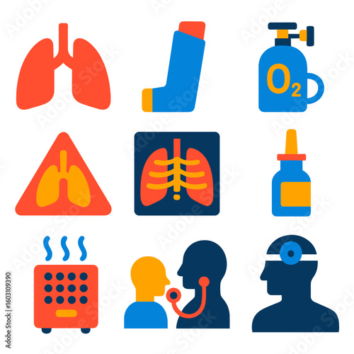 Respiratory Health Icons. Flat vector icons of respiratory health: lung icon, inhaler, oxygen tank, breathing mask, asthma alert,
