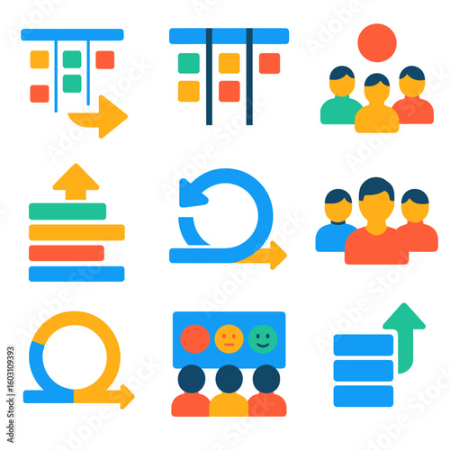 Agile Teamwork Icons. Flat vector icons of agile teamwork: sprint planning board, kanban task cards, daily stand-up, scrum cycle