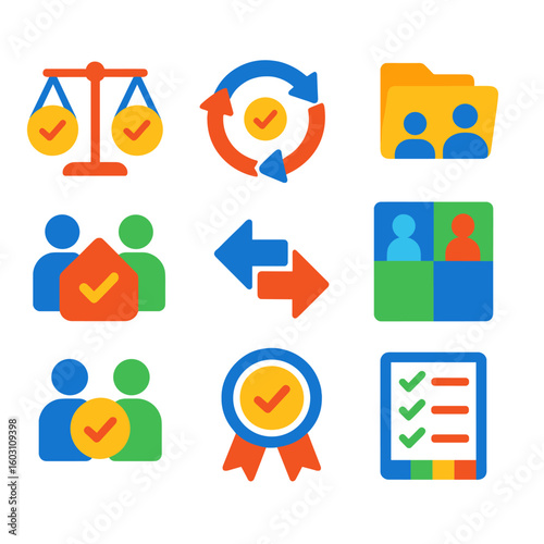 Shared Responsibilities Icons. Flat vector icons of shared responsibilities: balanced scale of tasks, rotating task circle,