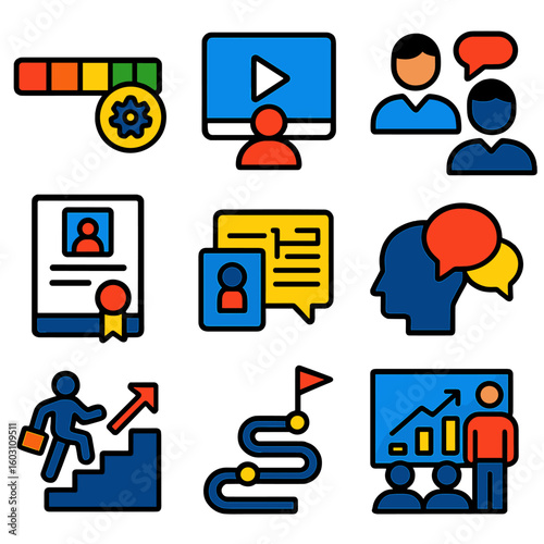 Employee Development Icons. Flat vector icons of employee development: skills progress bar, training video icon, mentorship avatar